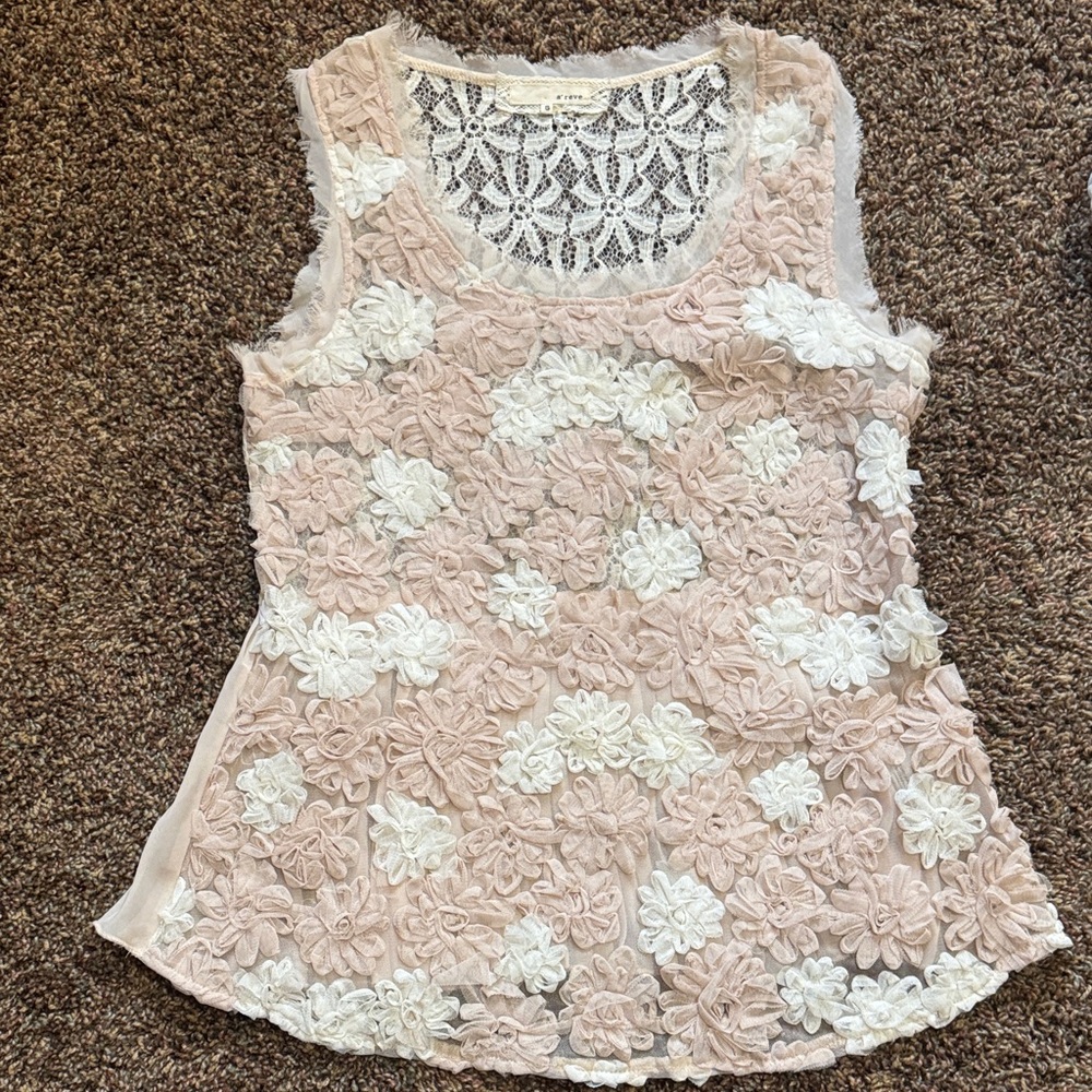 Anthropologie A'Reve Blush Pink & White Floral Appliqué Tank